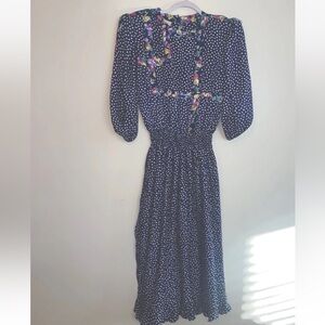 Vintage Susan Freis Blue Polka Dot Dress Women's 80s  Skirt floral Sz S